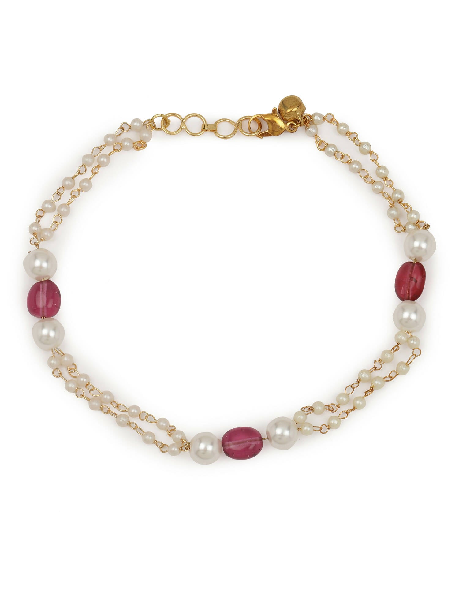 Gold-Plated Pink White Pearl Beaded Anklets Set Of 2 - Ruby Raang - Distacart