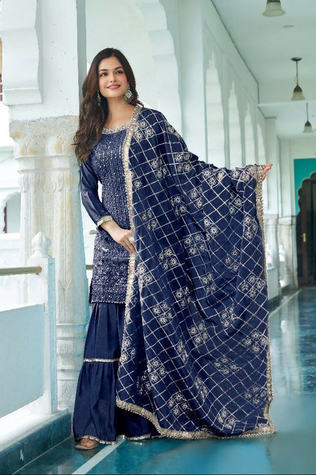 Teeya Creation Blue Colour Chinnon Silk Heavy Embroidery Work Fully Stitched Salwar Suit