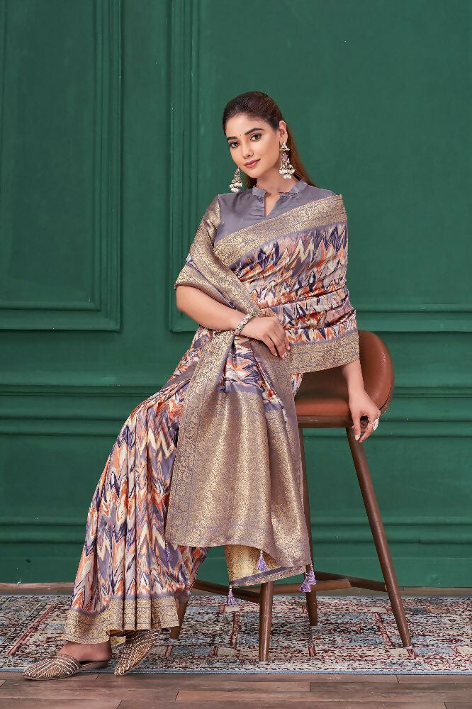 Purple Tussar Silk Jacquard Abstract Digital Print Saree with Unstitched Blouse - Mohira