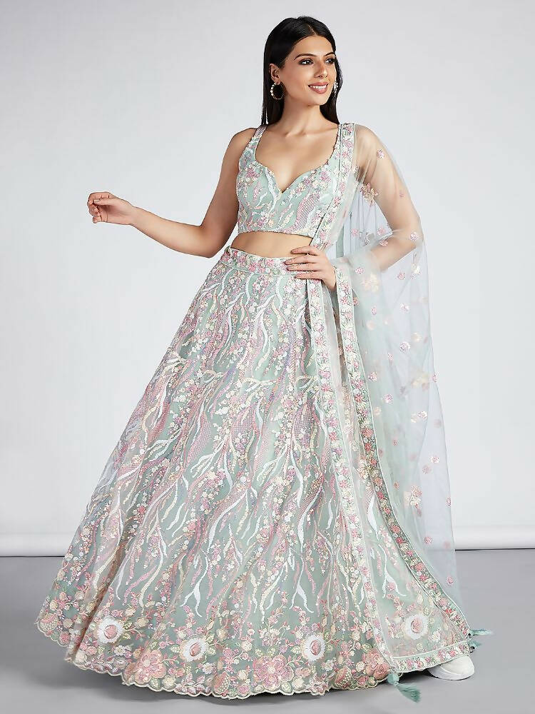 House of Panchhi Lime Green Net Sequins And Thread Embroidery Lehenga Choli & Dupatta