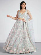 House of Panchhi Lime Green Net Sequins And Thread Embroidery Lehenga Choli & Dupatta