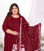 Miravan Women's Plus Size Wine Pintucks Cotton Floral Elegant Straight Kurta and Palazzo with Dupatta Set
