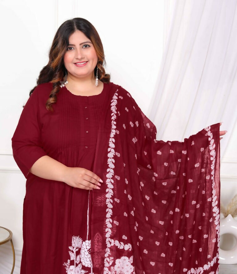 Miravan Women's Plus Size Wine Pintucks Cotton Floral Elegant Straight Kurta and Palazzo with Dupatta Set