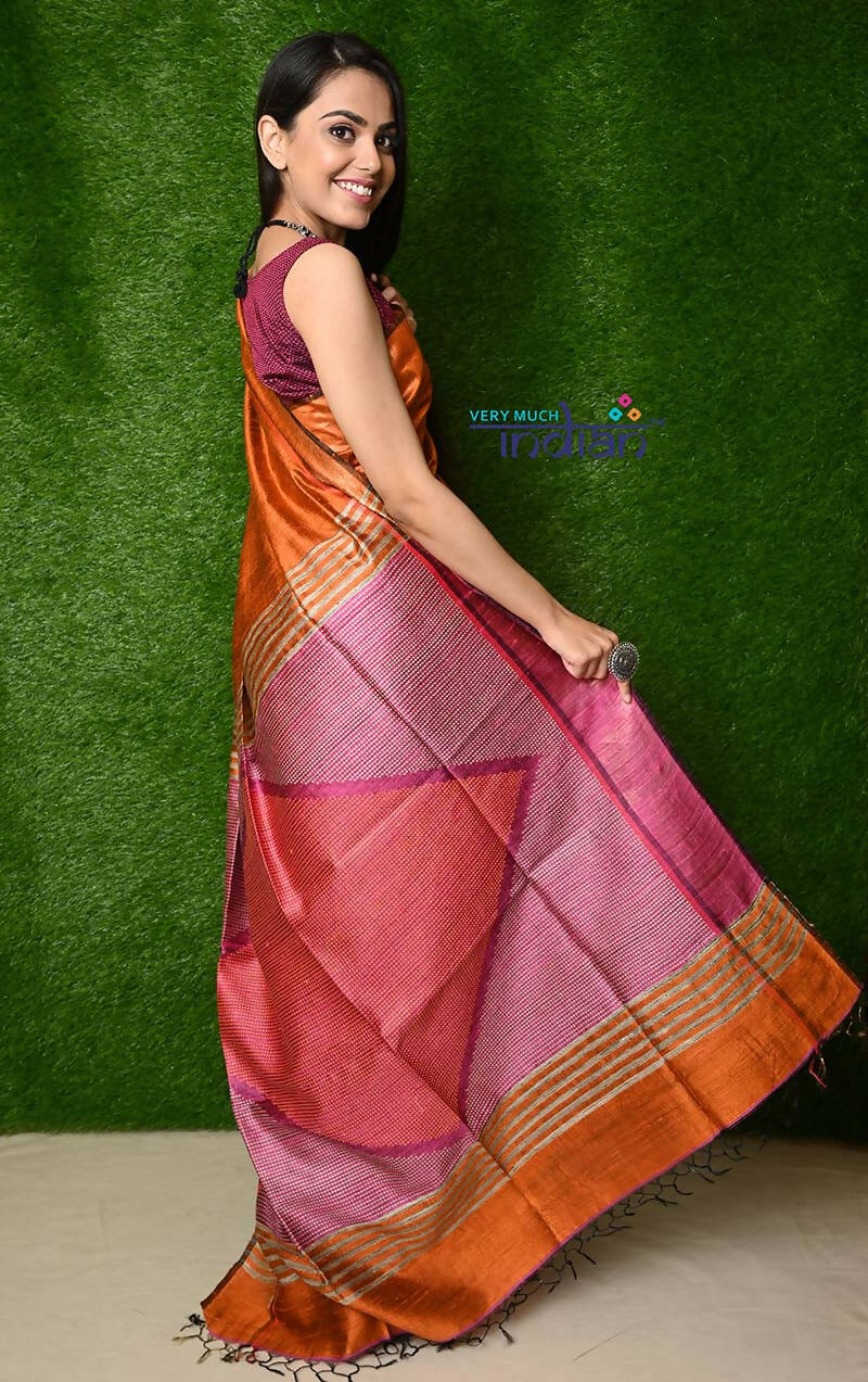 Very Much Indian Handwoven Raw Silk Dupion Saree - Orange With Pink Pallu - Distacart