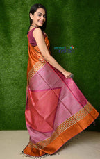 Very Much Indian Handwoven Raw Silk Dupion Saree - Orange With Pink Pallu - Distacart