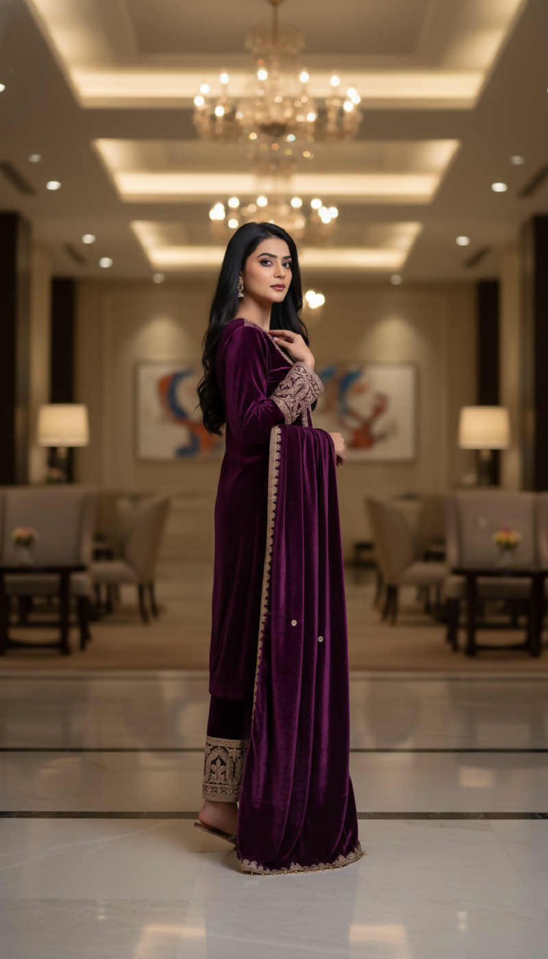 Joban Fashion Purple Kurta Set Velvet Embroidery Sequence Work - Distacart