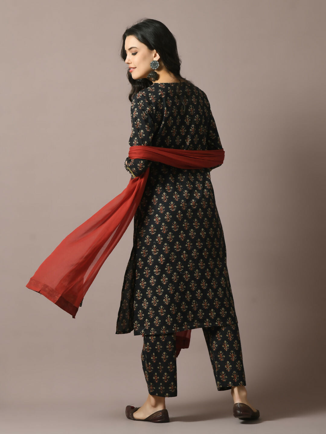 Myshka Women's Black Printed Cotton Straight Party Kurta Set With Dupatta