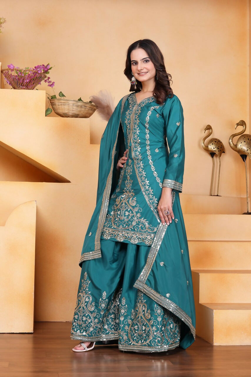 Teeya Creation Teal Color Natural Crepe Silk Wedding Wear Trending Palazzo Set - Distacart