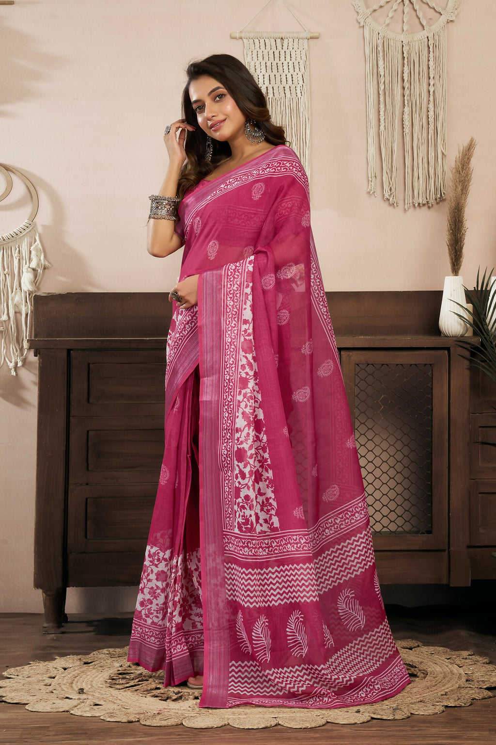 Joban Fashion Pink Floral Linen Ready To Wear Saree With Unstitched Blouse - Distacart