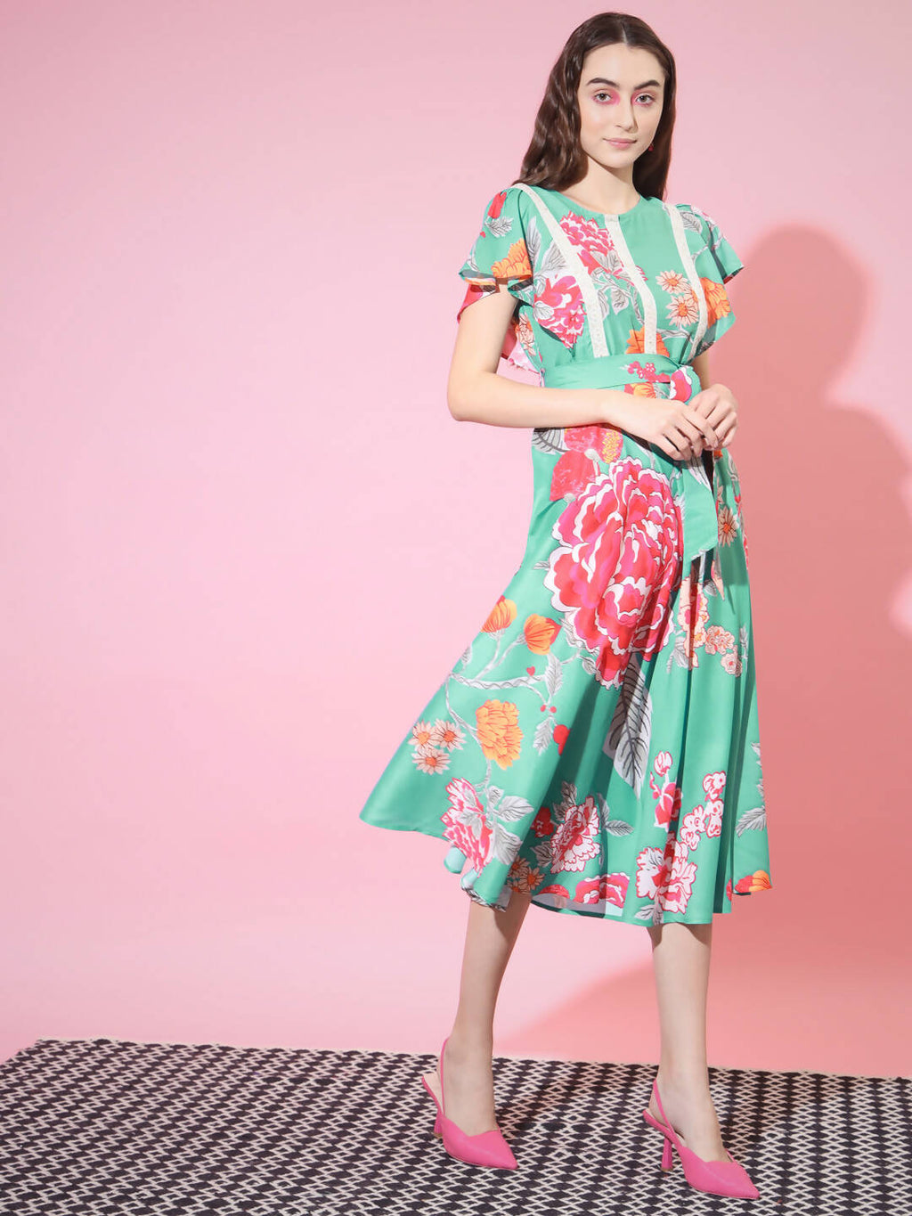 Myshka Women's Green Floral Printed Empire Dress - Distacart