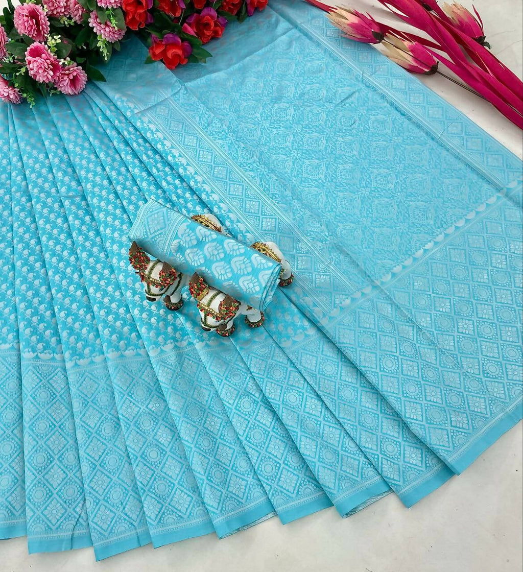 DEIANA'S Beautiful Designer Golden zari Soft Lichi Silk Saree - Sky
