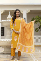 The52 Women's Beautiful Rayon Fabric Printed Work Straight Kurta Pant and Dupatta Set - Distacart
