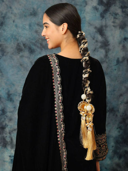 Ruby Raang Gold Gota Pati Work And Black Thread And Mirrors With Gold Stones & Pearls