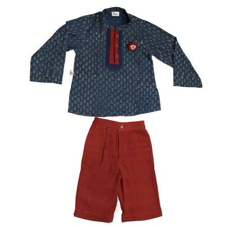 Mhyssa Scar Full Sleeve Blue Kurta With Full Length Maroon Pant Set For Kids
