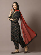 Myshka Women's Black Printed Cotton Straight Party Kurta Set With Dupatta