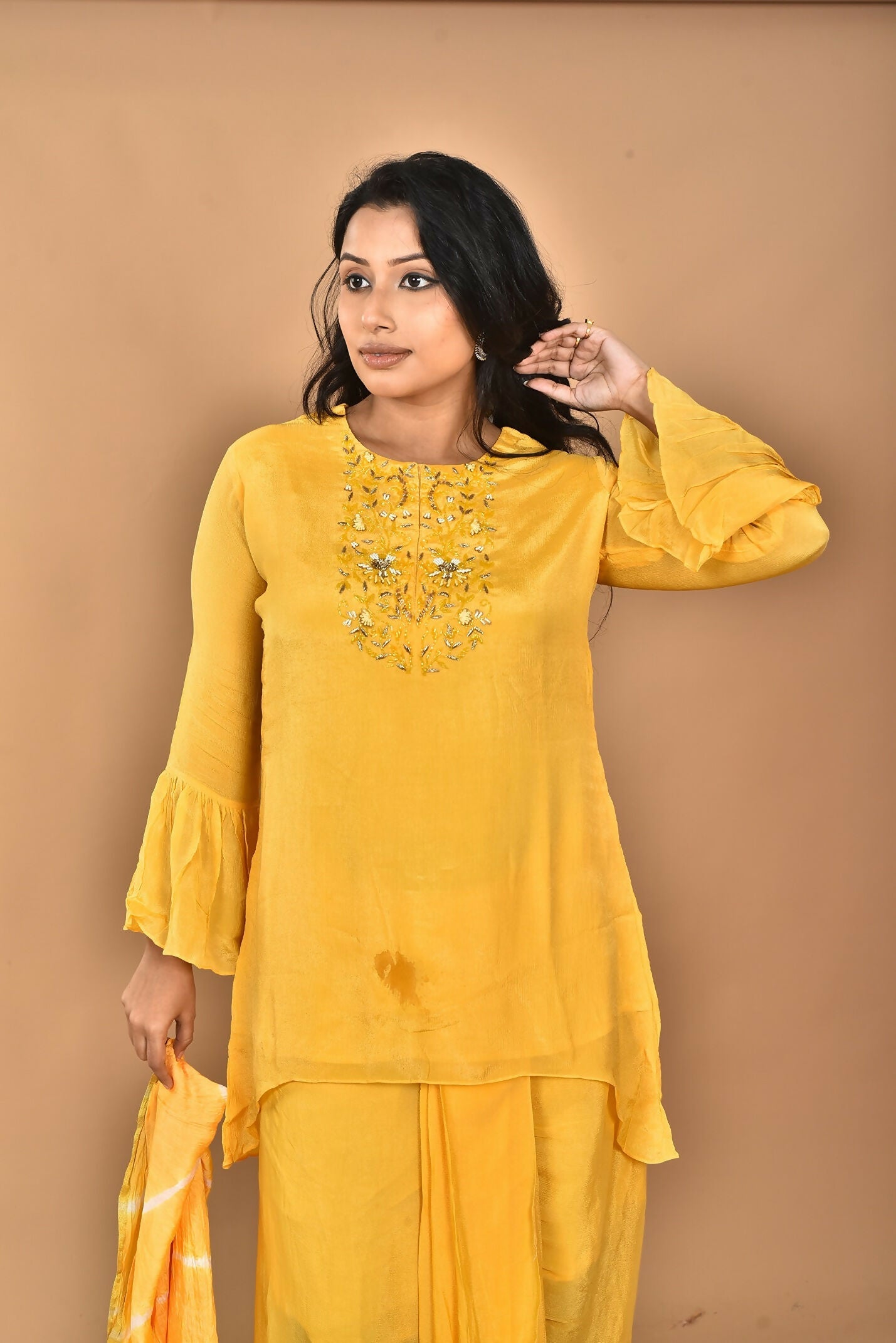 Morchari Women And Hand Embroidery Palazzo Set-Yellow