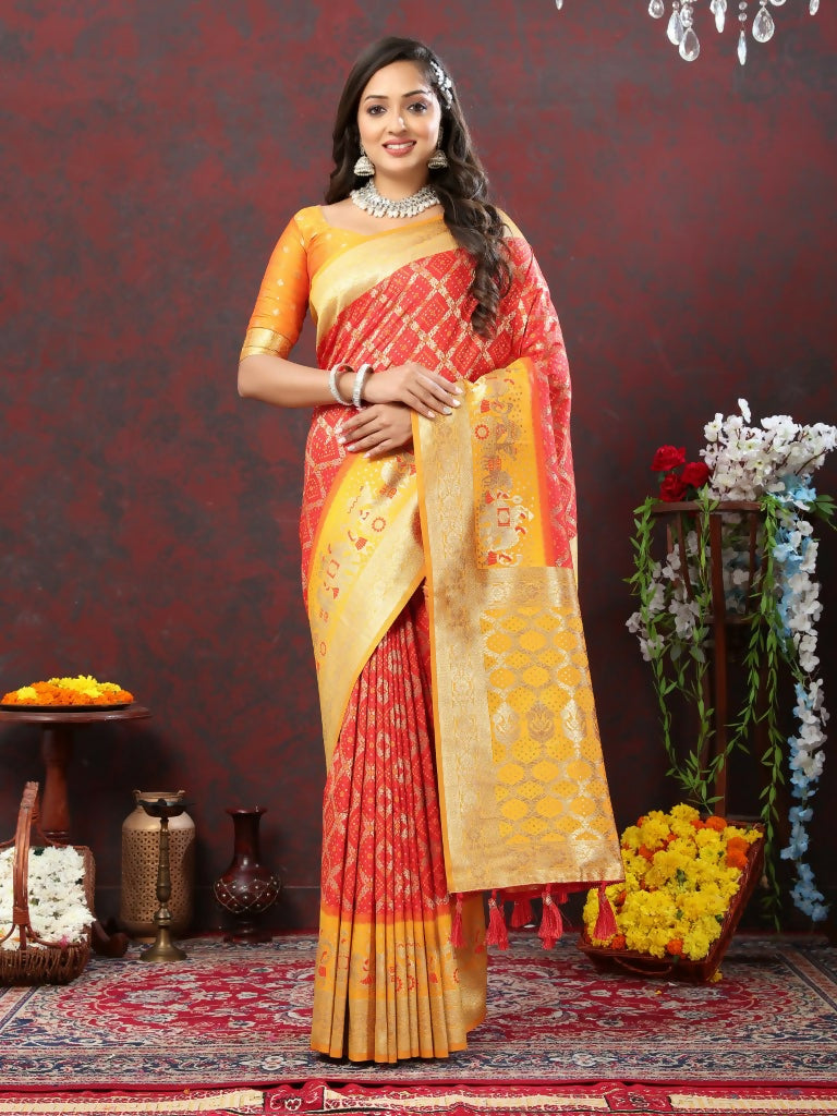 Vastranavya Red Soft Patola Silk With Meenakari Weaving Motifs And Rich Zari Weaving Pallu Saree With Matching Blouse Fabric