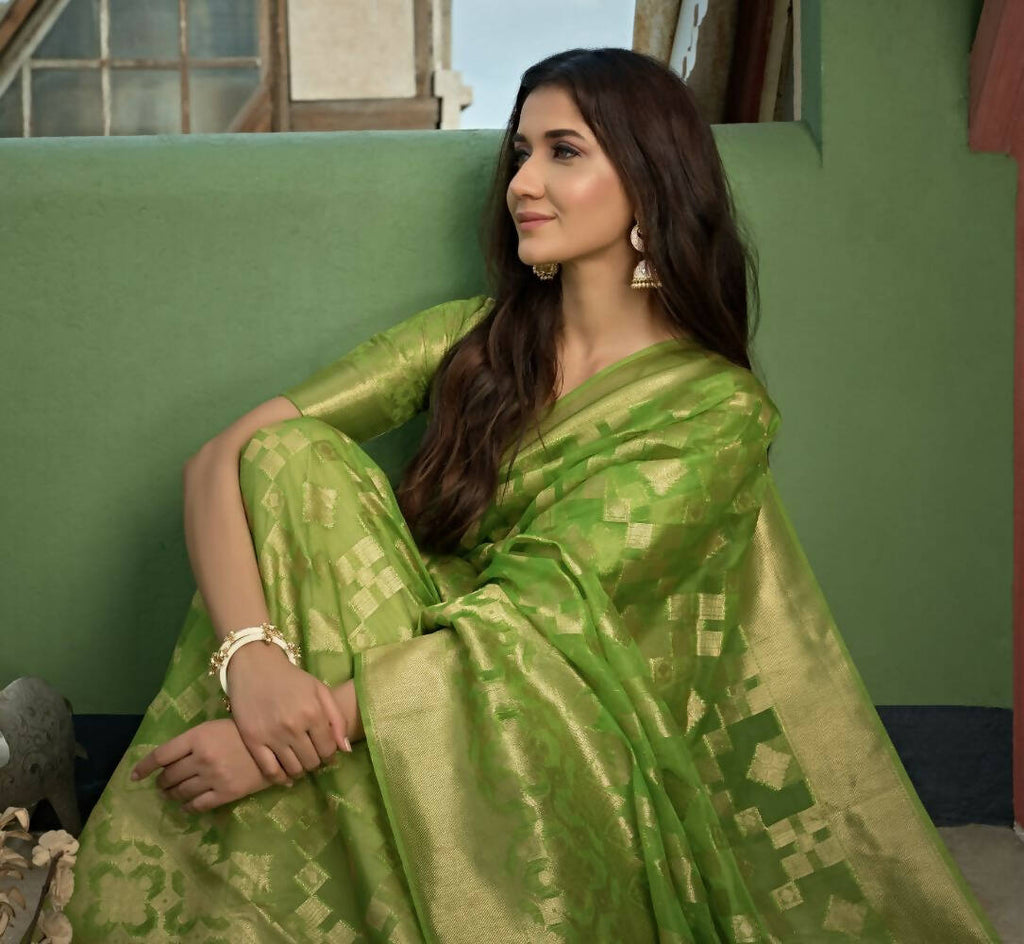 Glamorous Designer Parrot Green Color Organza Silk Saree With Weaving Work - Yomika Fashions