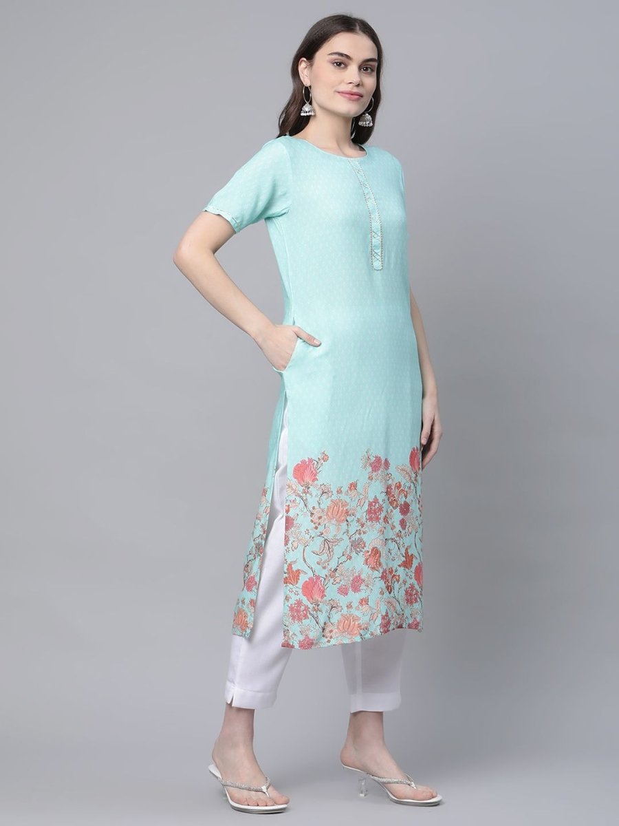 Ahalyaa Women Sky Blue Rayon Printed Kurta Pant Set