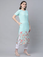 Ahalyaa Women Sky Blue Rayon Printed Kurta Pant Set