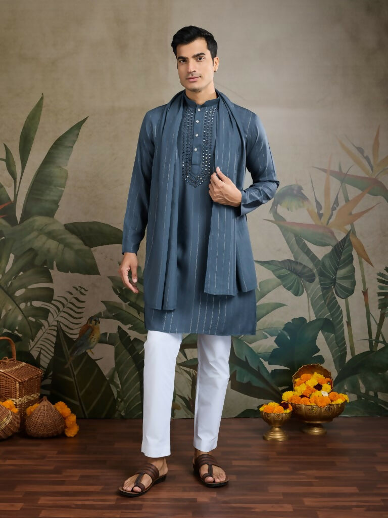 Vastranavya Blue Grey Exclusive Viscose Rayon Festival Wear Real Mirror Work Kurta with Dupatta