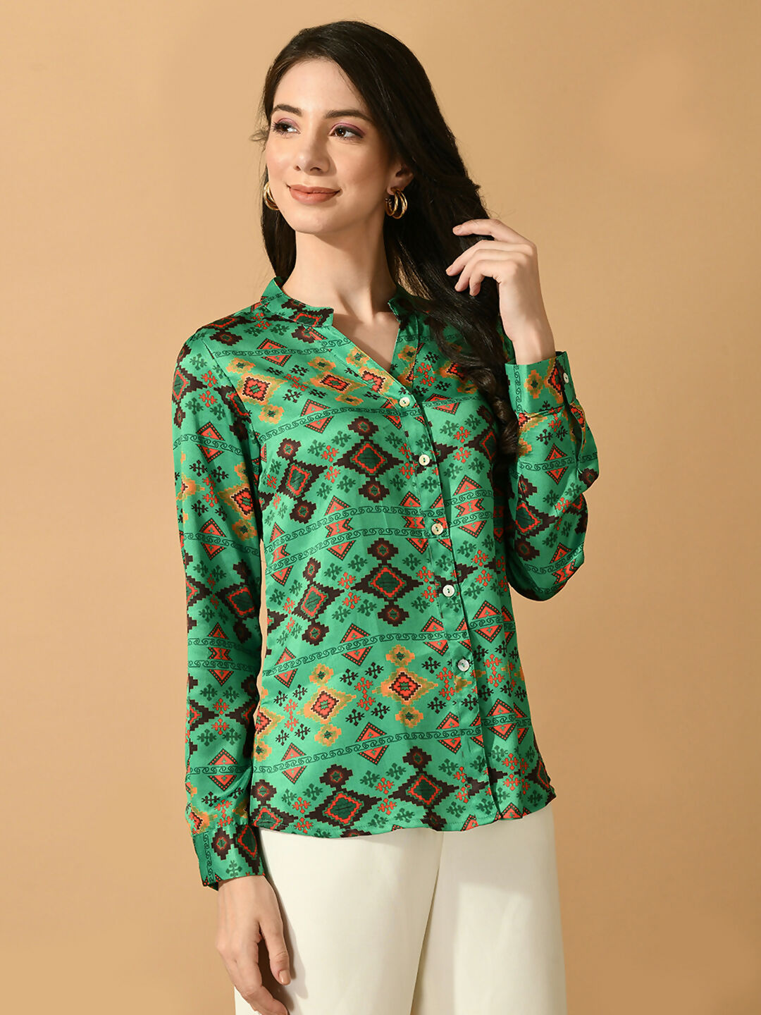 Myshka Women's Multi Satin Printed Smart Shirt