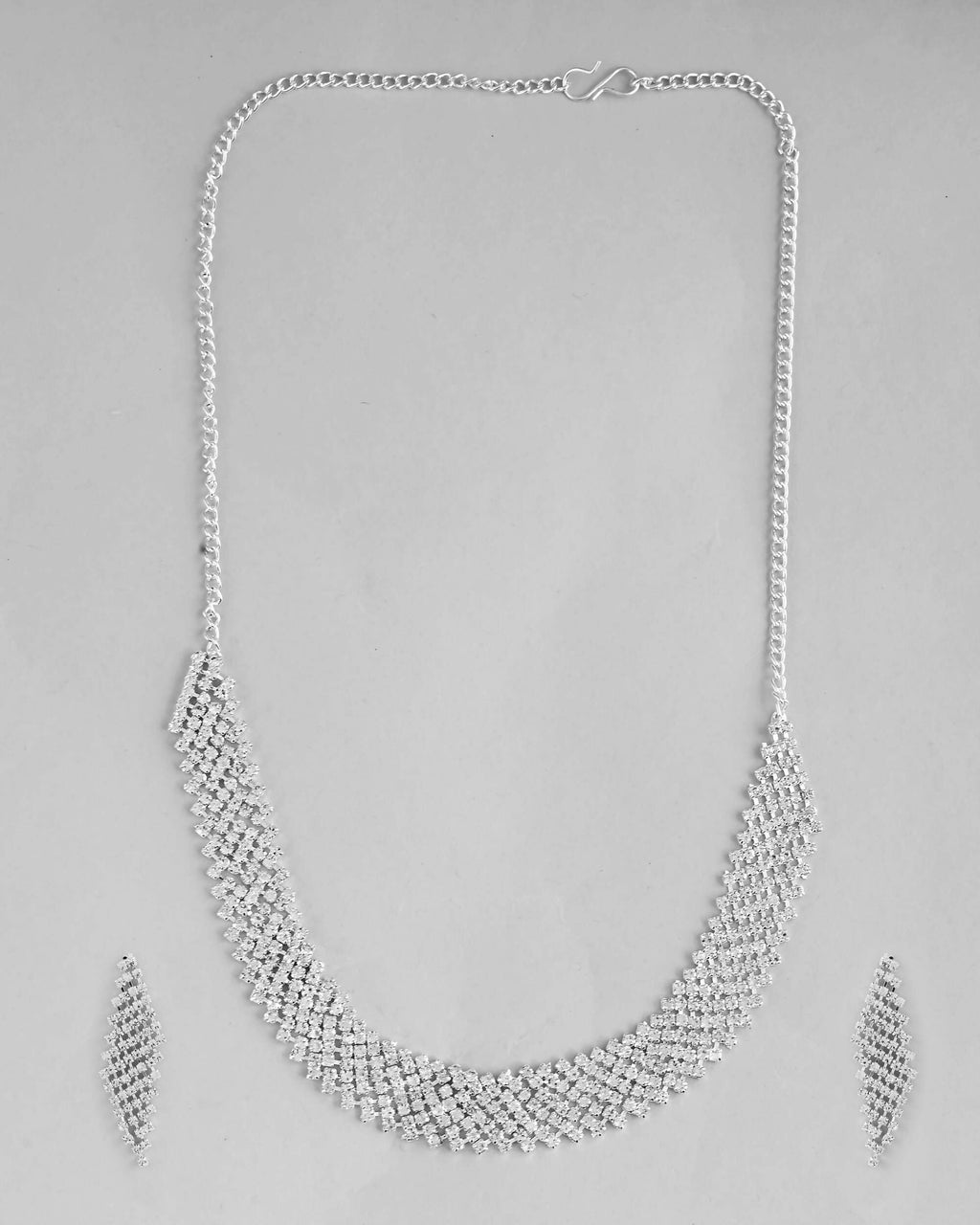 VOJ Silver Plated AD Studded Choker And Earrings Set
