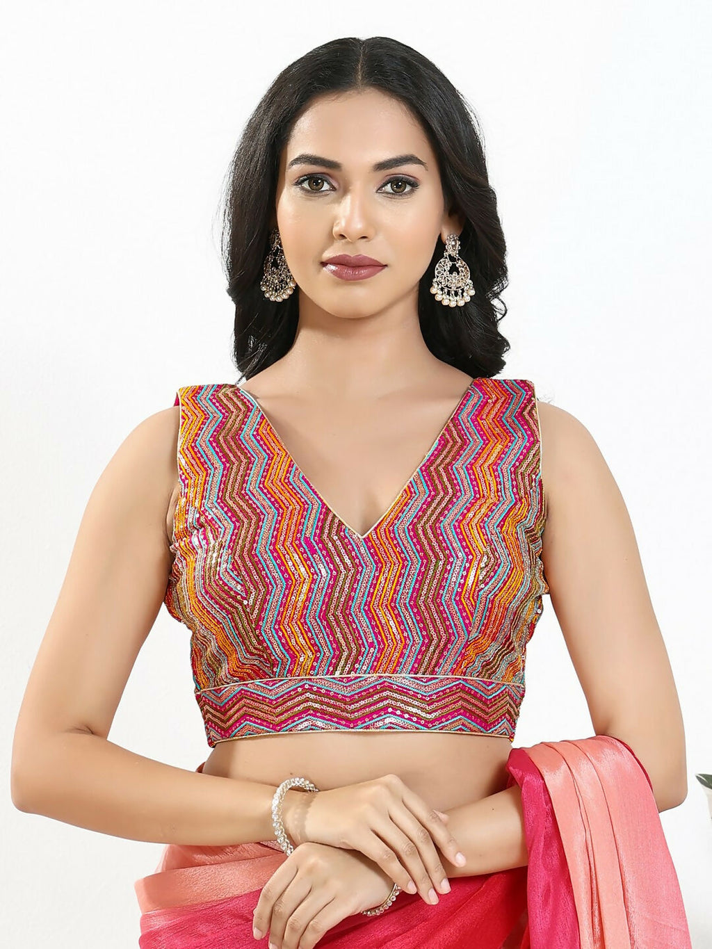 Joban Fashion Pink Multi Silk Padded Blouse With V Neck Sleeveless - Distacart