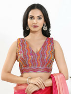 Joban Fashion Pink Multi Silk Padded Blouse With V Neck Sleeveless - Distacart