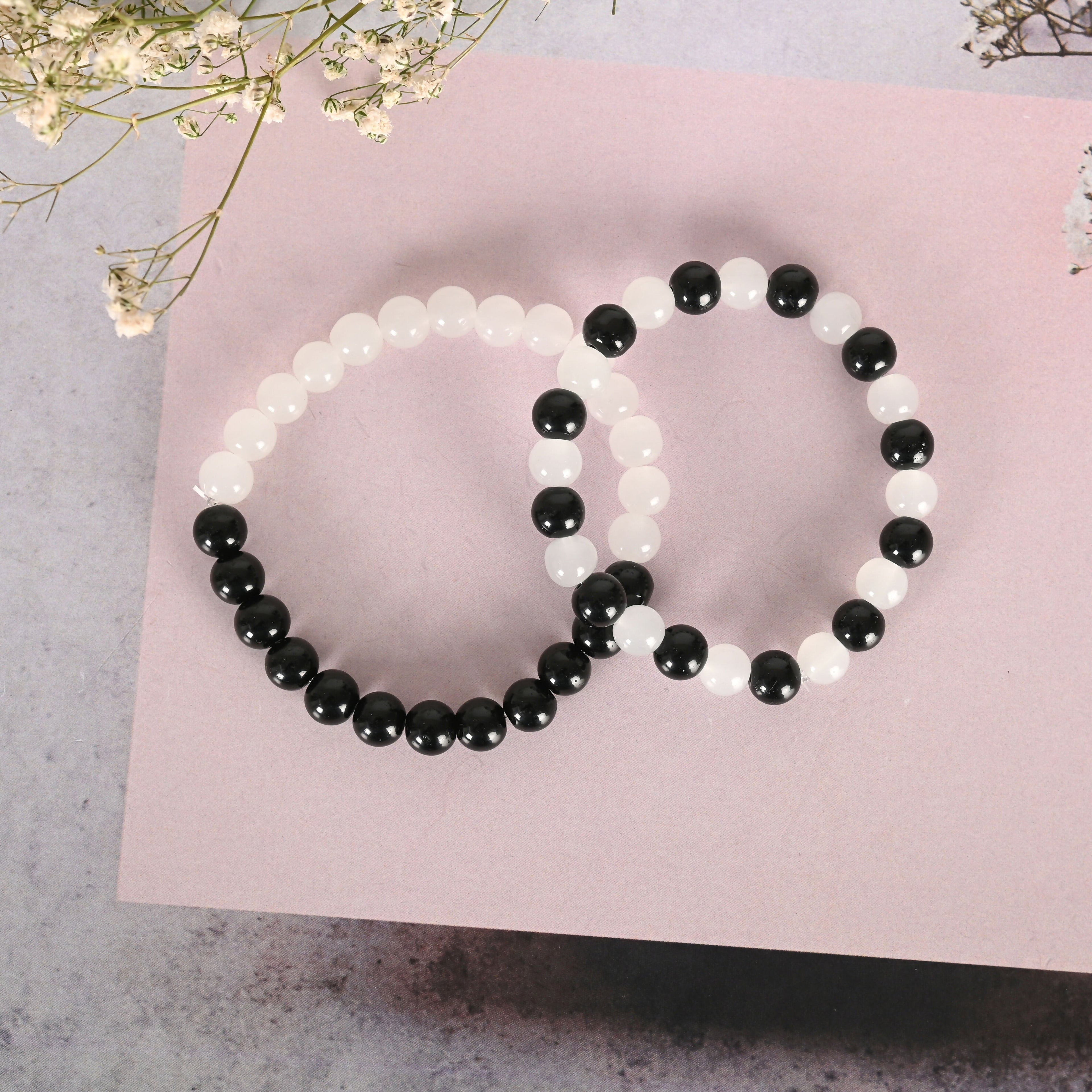 NVR Men & Women White & Black Marbel Crystal Elasticated Bracelet - Distacart