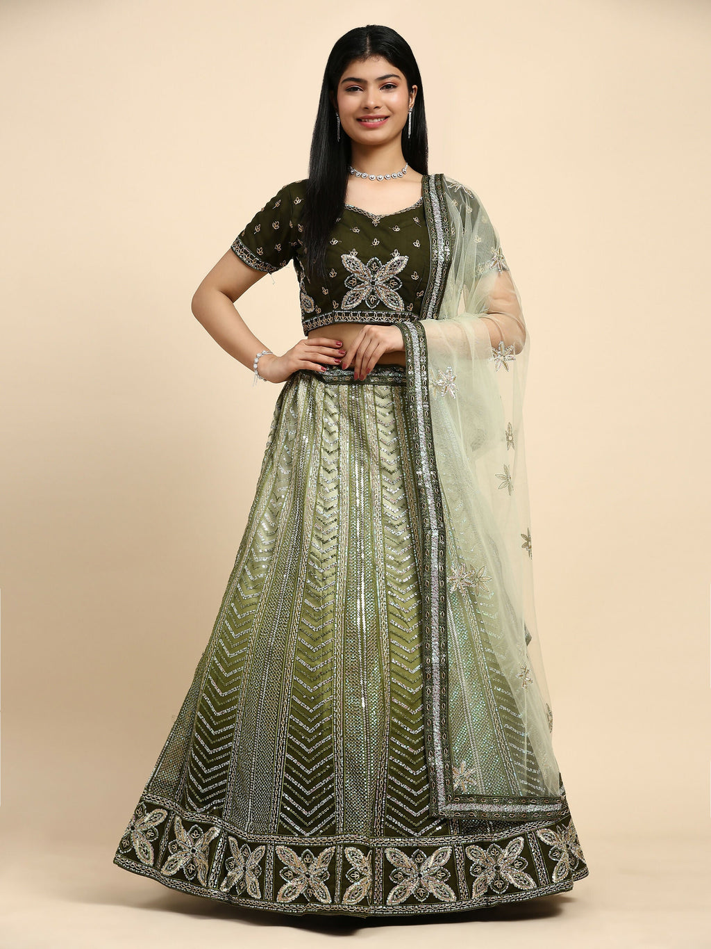 Green Fancy Net Sequence Embroidered Lehenga Choli with Dupatta - Dhara