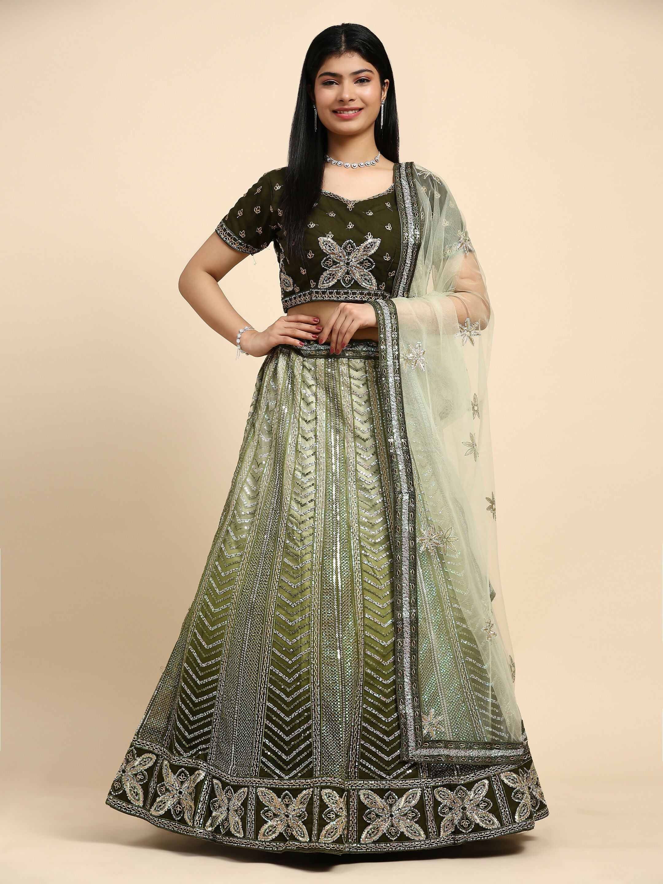 Green Fancy Net Sequence Embroidered Lehenga Choli with Dupatta - Dhara