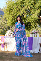 Vastranavya Blue Weightless Marble Printed & Pearl Lace Border Saree with Unstitched Blouse