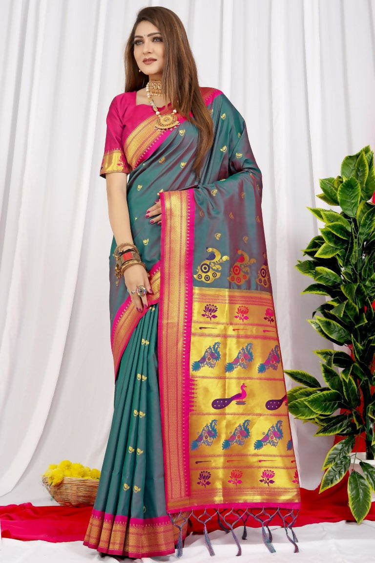Jyoti Fashion Women's Grey Paithani Silk Zari Woven Saree with Blouse
