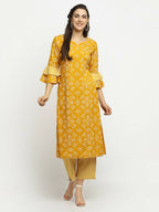 Rudra Bazaar Mustard Printed Bell Sleeve Straight Kurta with Striped Pyjamas - Distacart