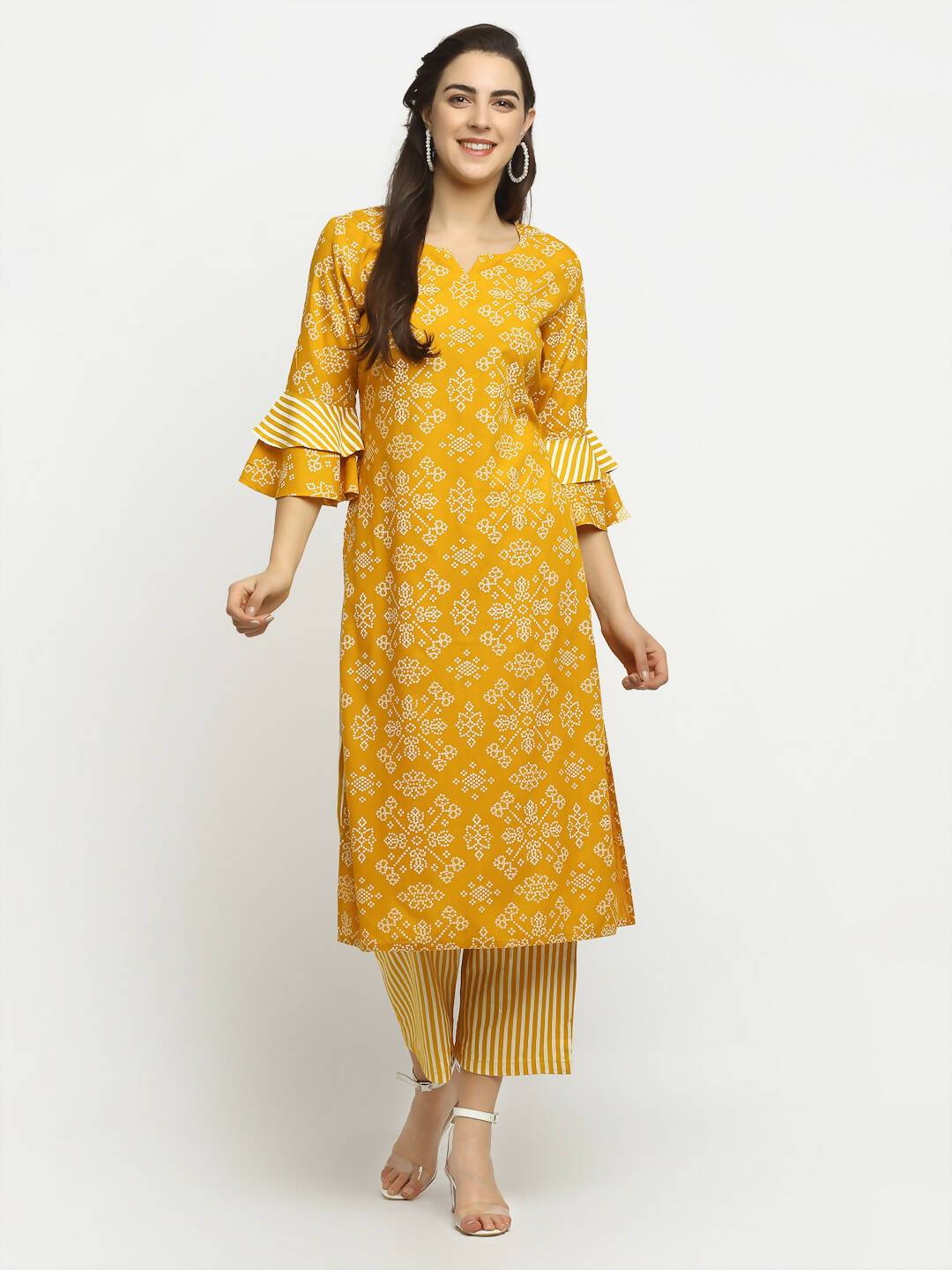 Rudra Bazaar Mustard Printed Bell Sleeve Straight Kurta with Striped Pyjamas - Distacart