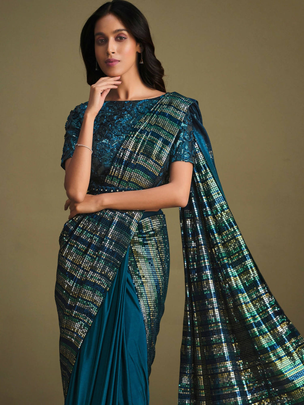 Teal Crystal Silk Sequence Embroidered Saree With Stitched Blouse - Mohmanthan La Belle