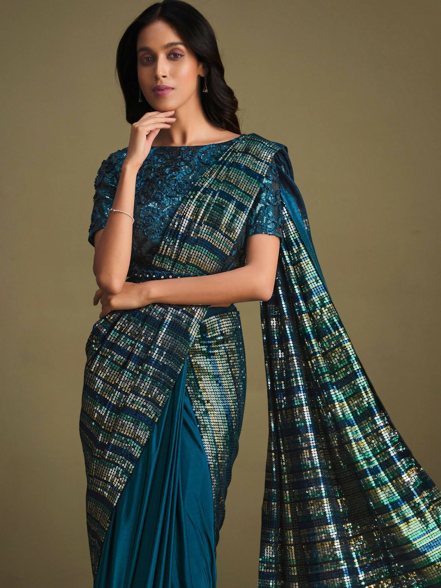 Teal Crystal Silk Sequence Embroidered Saree With Stitched Blouse - Mohmanthan La Belle