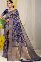 Jyoti Fashion Women's Navy Blue Kanjivaram Silk Zari Woven Saree with Blouse - Distacart