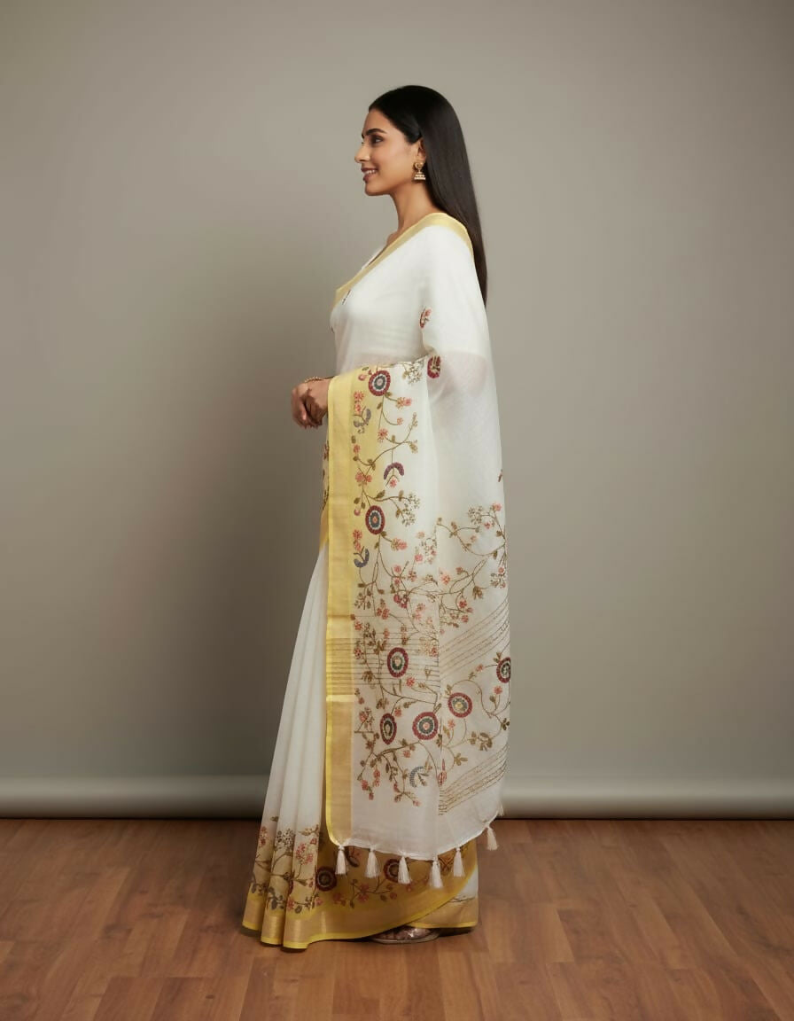 Morchari White Mal Chanderi With All Over Kantha Hand Work Saree - Distacart