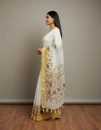 Morchari White Mal Chanderi With All Over Kantha Hand Work Saree - Distacart