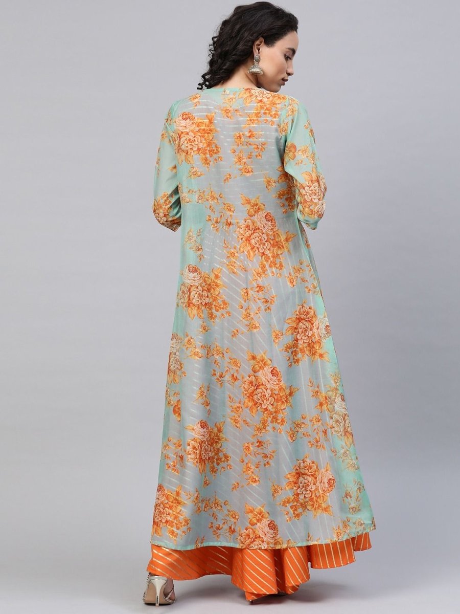 Ahalyaa Women's Orange Crepe Gold Print Top Skirt With Printed Jacket