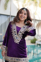 Joban Fashion Purple Velvet Embroidery Sequence Work Readymade Kurta Set - Distacart