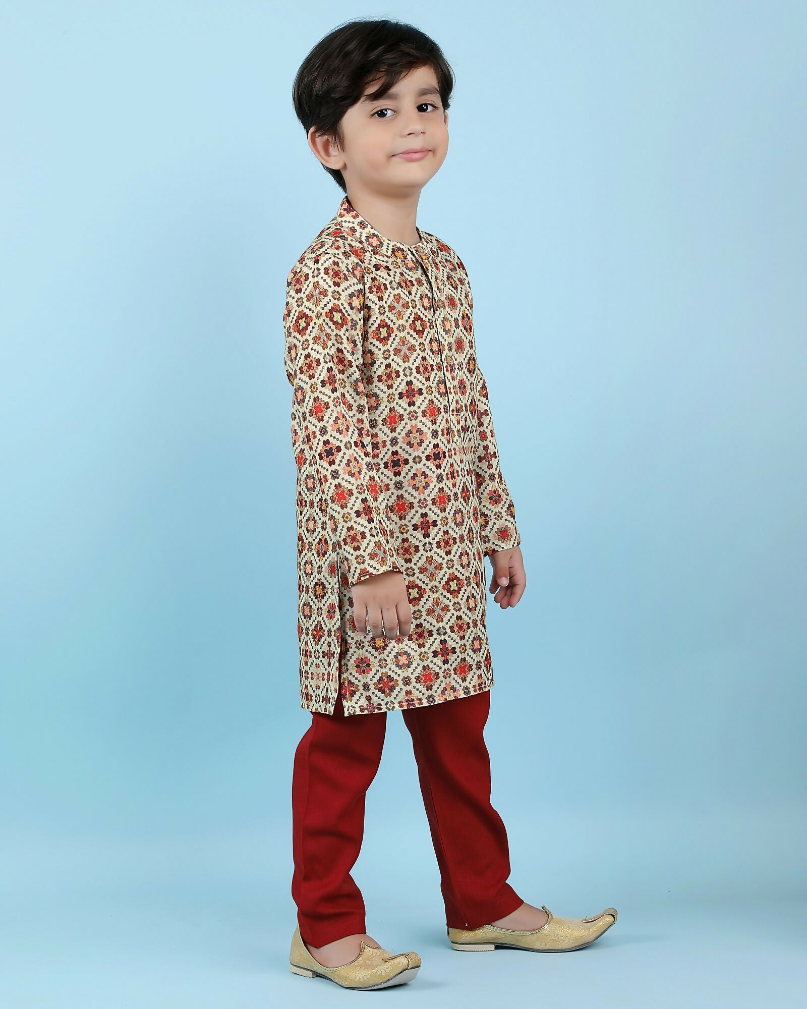 Joban Fashion Kids Island Cotton Full Sleeves Printed Kurta and Pyjama- Maroon