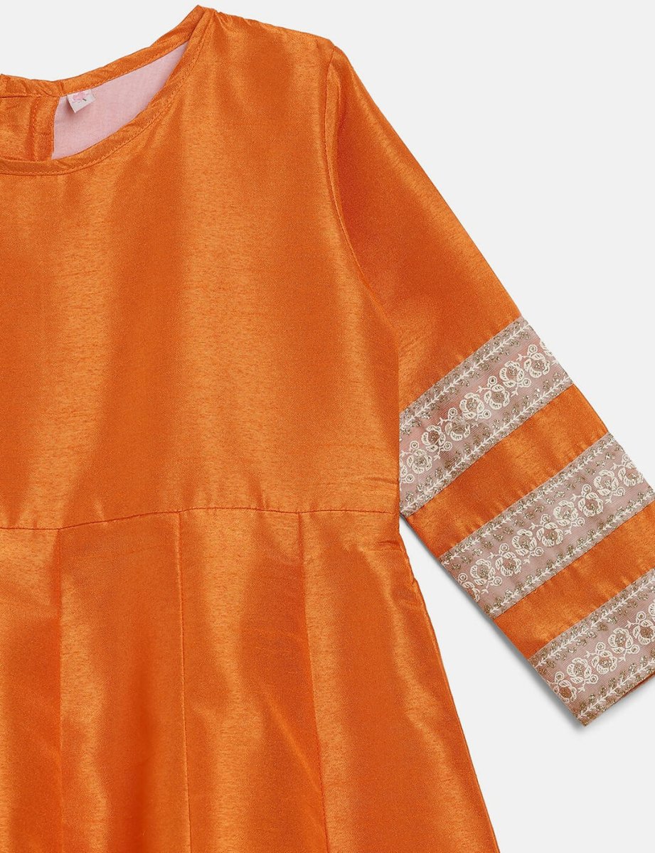 Ahalyaa Orange Poly Silk Anarkali Kids Kurta With Dupatta Set For Girls