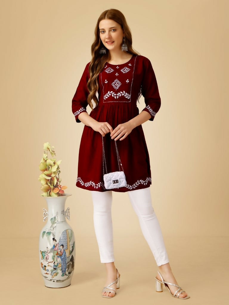 Jyoti Fashion Women's Maroon Viscose Rayon Embroidered Casual Top