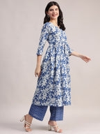 Aavyora Women's Blue Floral Printed Cotton Kurta with Chevron Pattern Palazzo Set