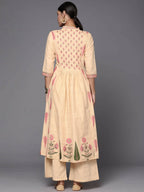 Ahalyaa Women Cream-Coloured & Pink Floral Print Pure Cotton Anarkali Kurta with Palazzos - Distacart