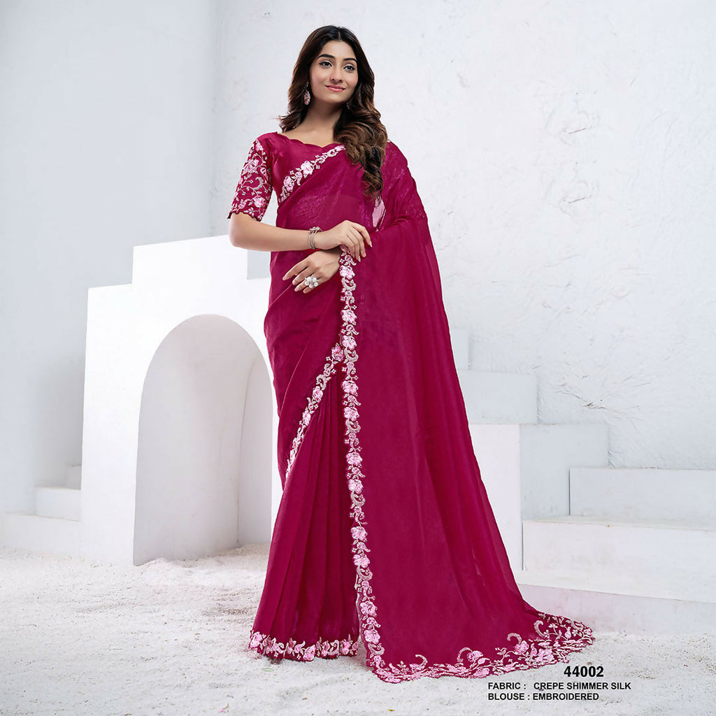 Pink Crepe Shimmer Silk Dual Sequence With Hand Work Saree With Unstitched Blouse - Norita Swaraa
