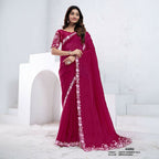 Pink Crepe Shimmer Silk Dual Sequence With Hand Work Saree With Unstitched Blouse - Norita Swaraa